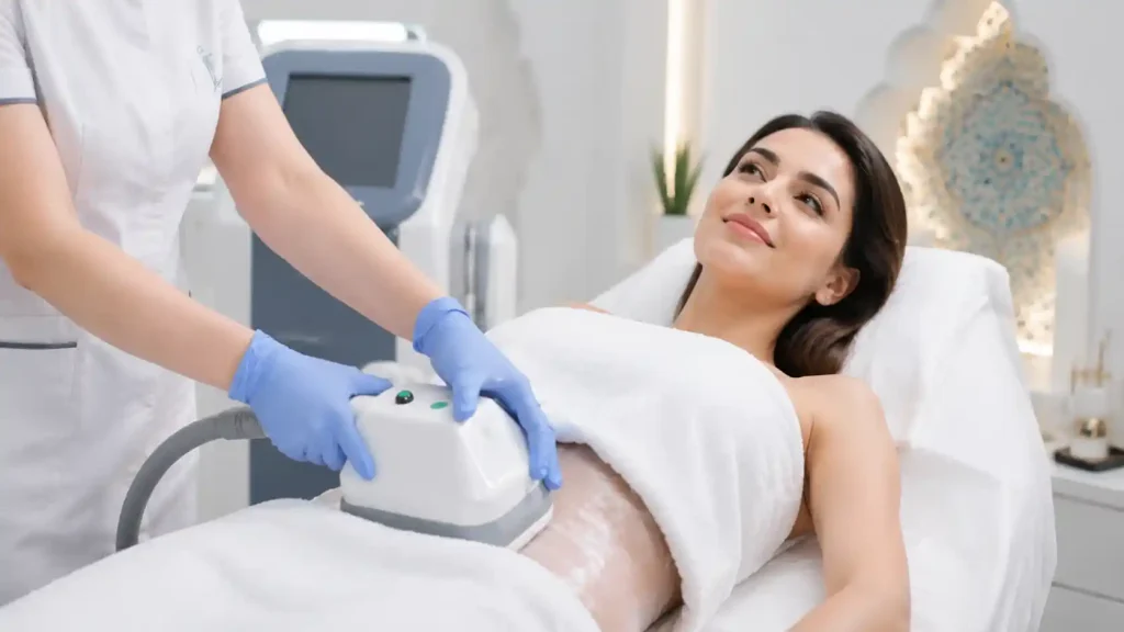 “استفاده از اپلیکاتور پیشرفته دستگاه 3MAX بر روی ناحیه شکم برای لاغری موضعی، ترکیب همزمان سه تکنولوژی رادیوفرکانسی، اولتراسوند و وکیوم”