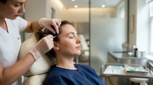 تصویر کلینیکی از انجام لیفت شقیقه با نخ و قراردهی کانولا توسط پزشک متخصص